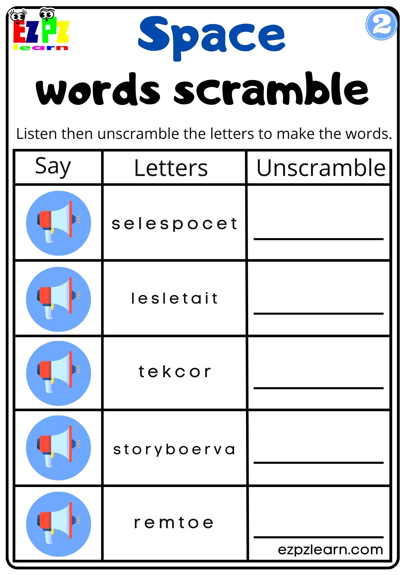 Space Vocabulary Interactive Worksheet Listen Unscramble and